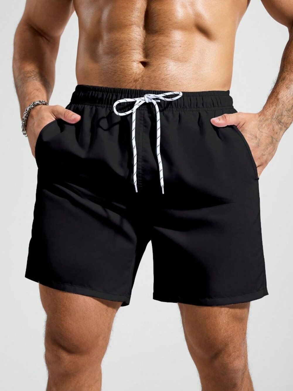 Black Sports Outdoor Men's Pocket Drawstring Waist Beach Shorts